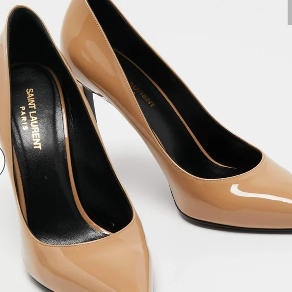 Saint Laurent Beige Patent Leather Pointed-Toe Pumps - Picture 5 of 6